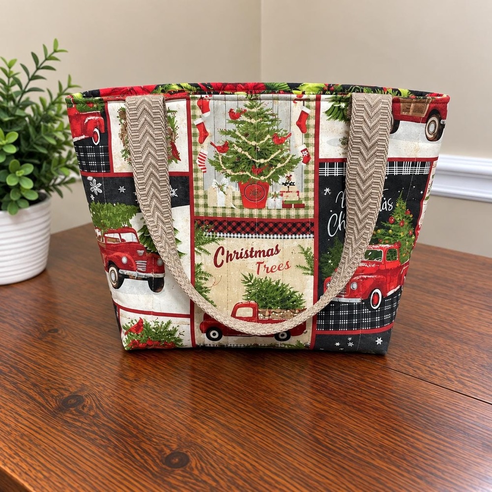 Handmade Quilted Christmas Tote Bag Red Vintage Truck Holiday Tree Poinsettia